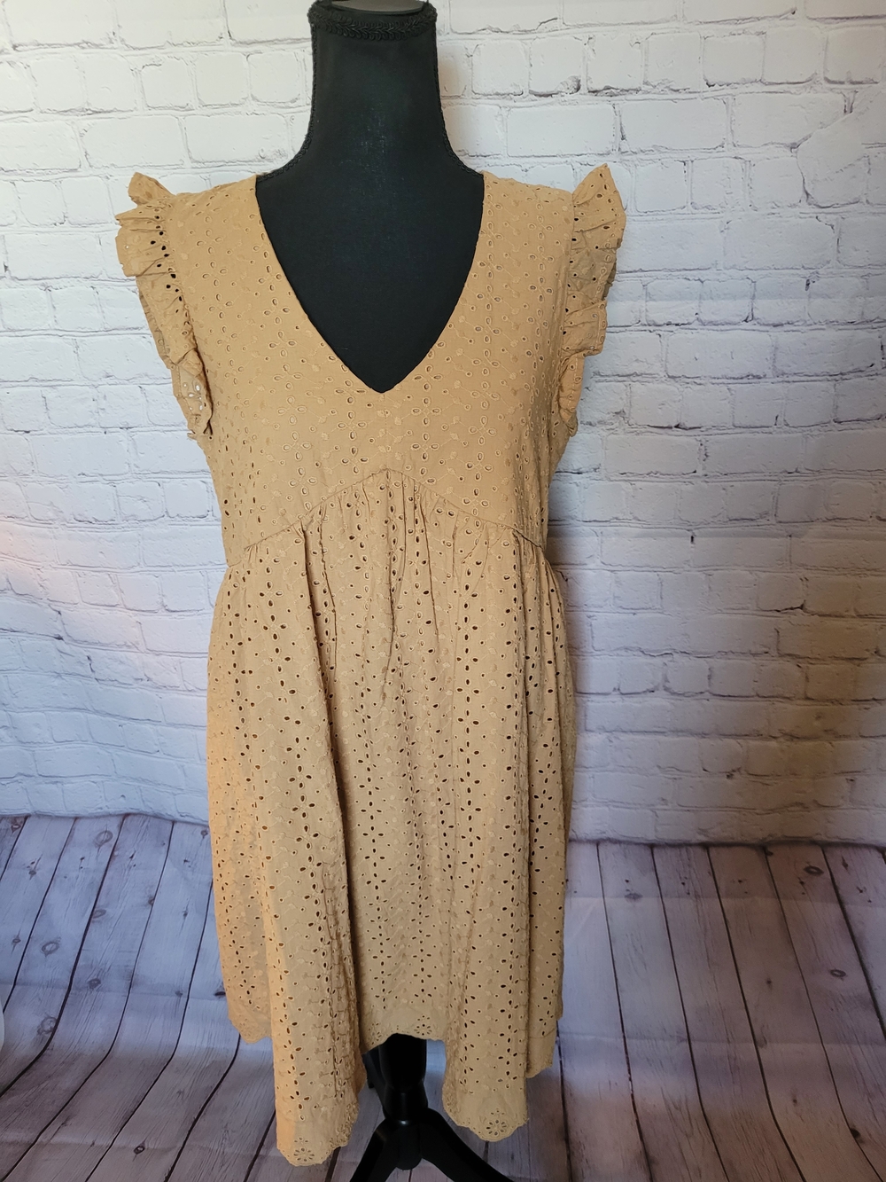 Tan Size XS Eyelet Empire Waist Dress Cotton Ruffles
